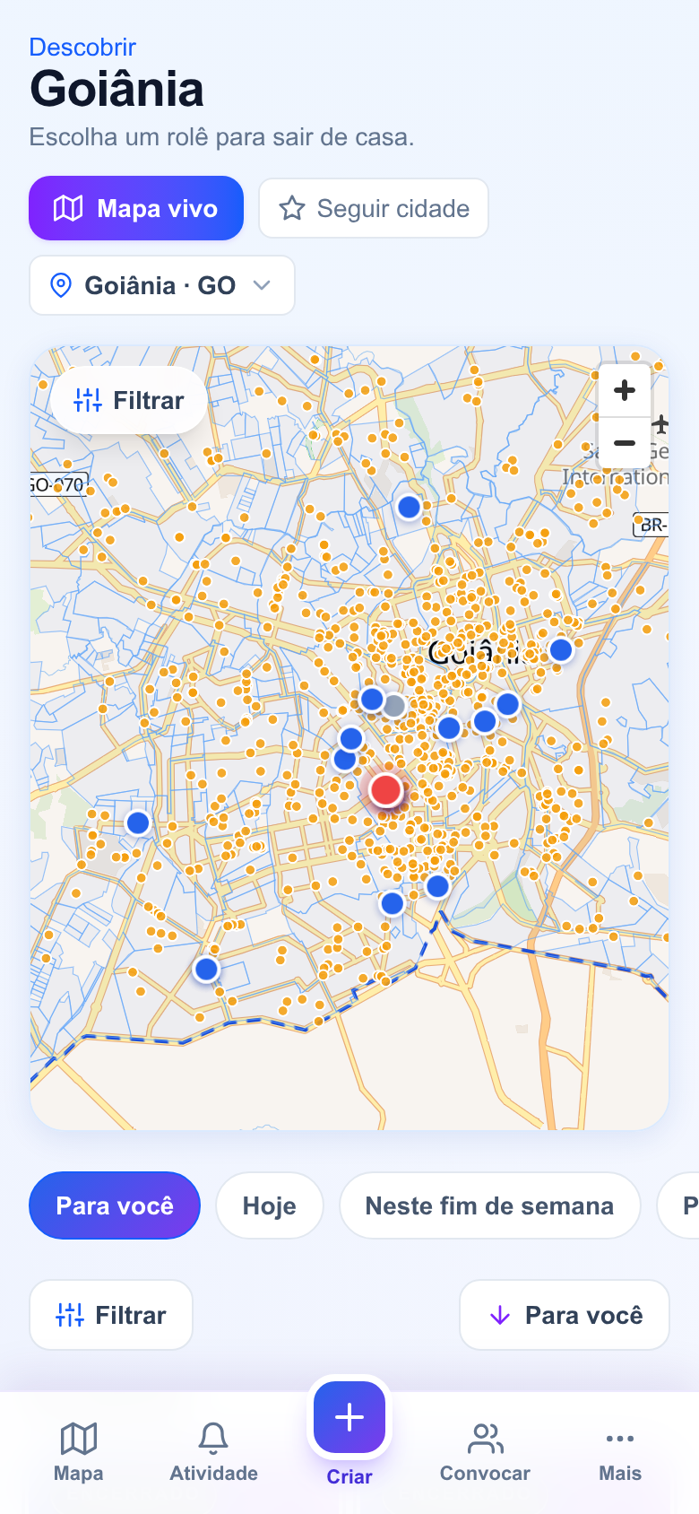 Feed da cidade com mapa vivo e agenda