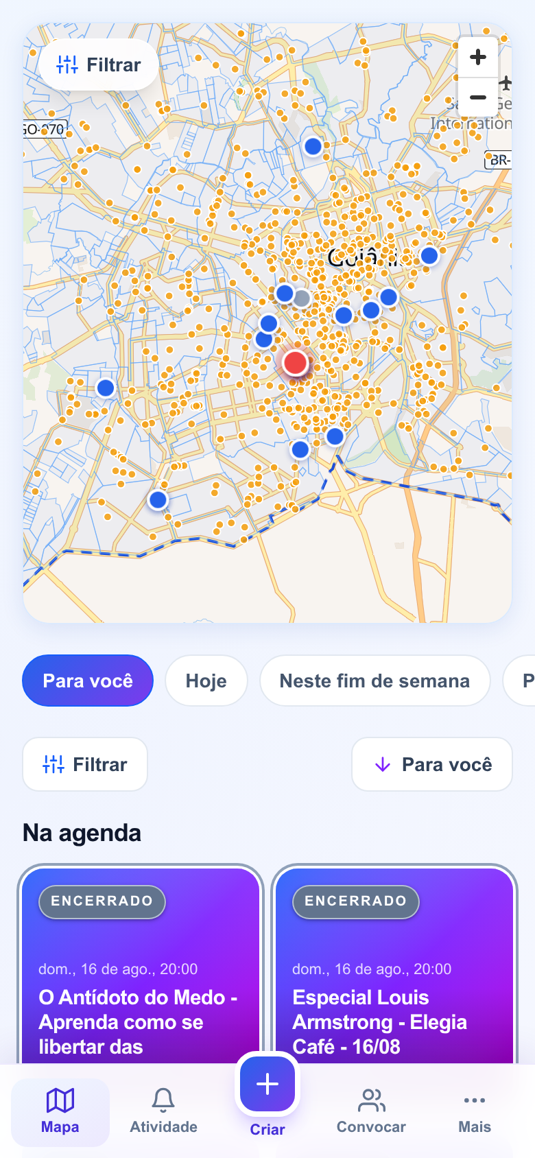 Mapa vivo de Goiânia cheio de locais e eventos reais no Dê um Rolê