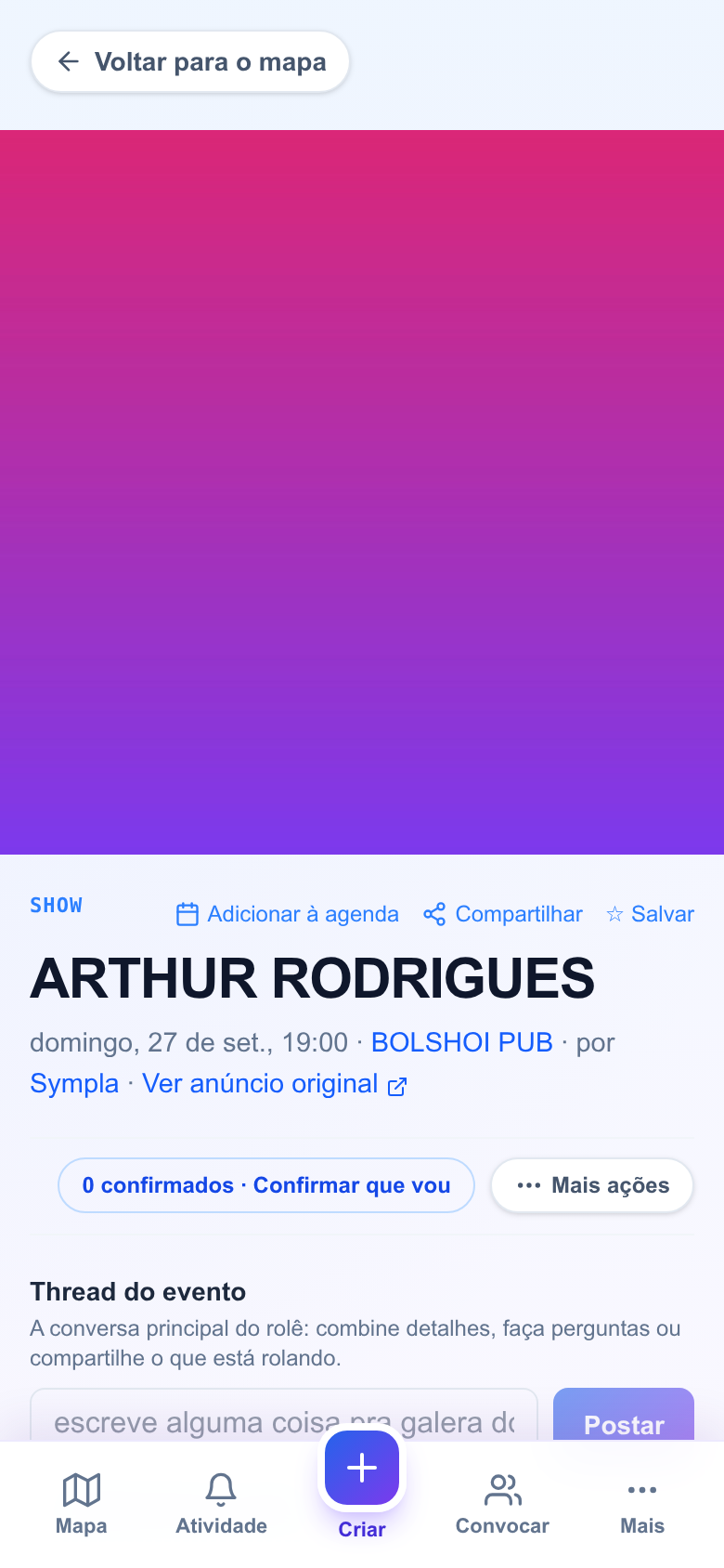 Detalhe de um evento com capa, confirmação e thread