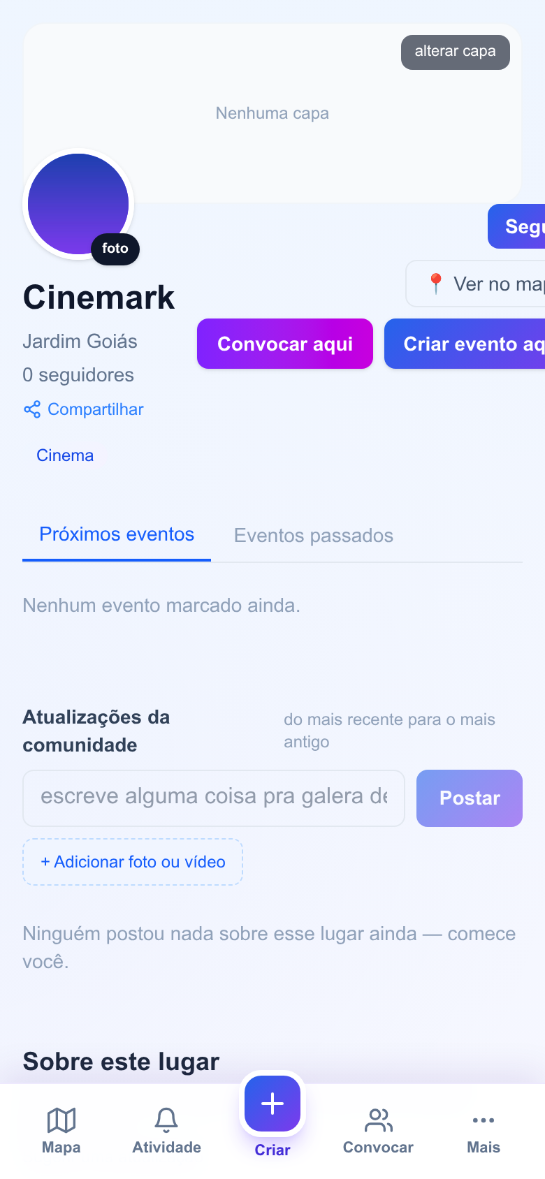 Perfil de um local com foto, descrição e feed