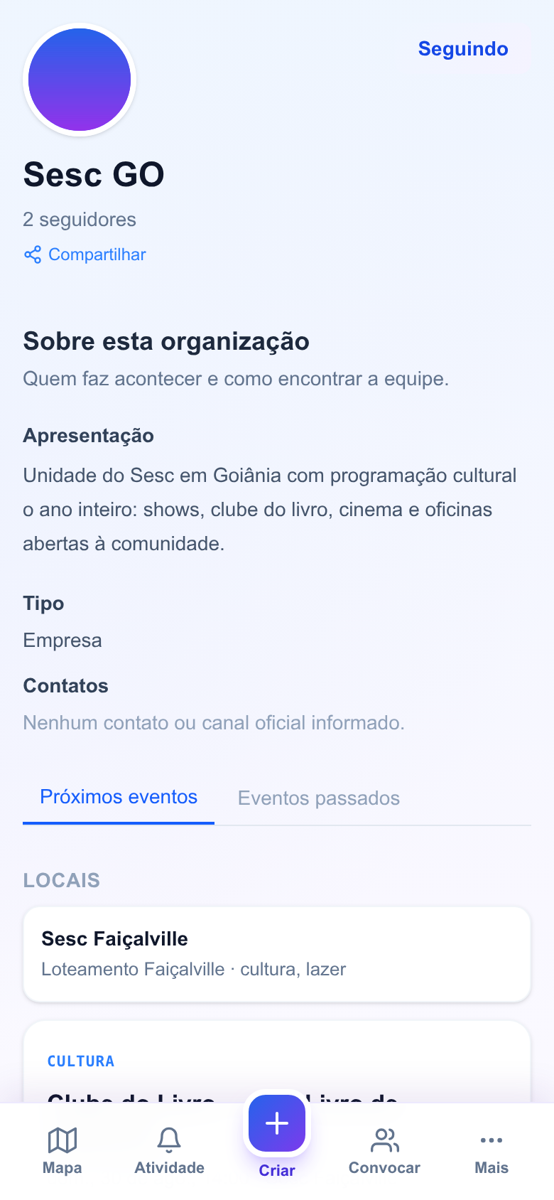 Perfil de uma organização com locais e eventos