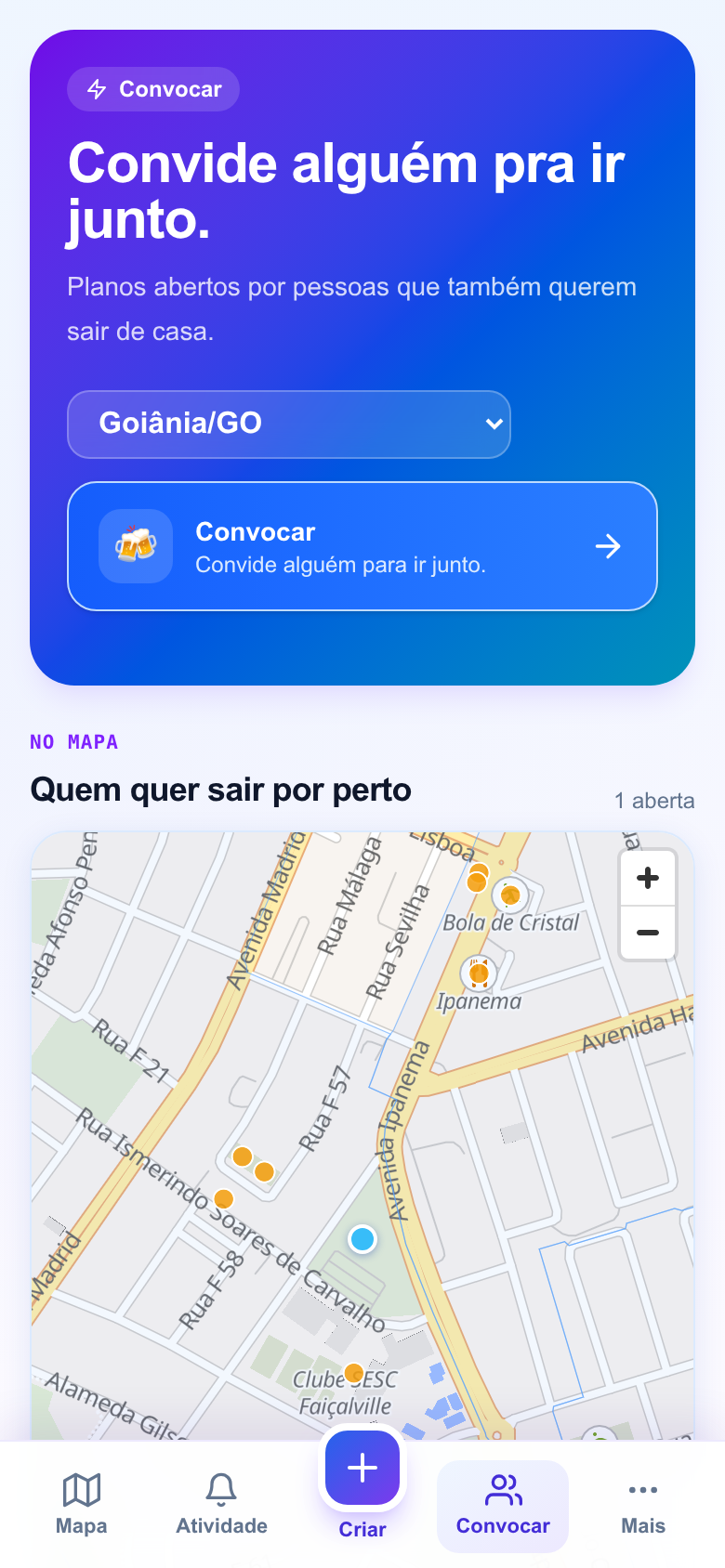 Tela de convocar um rolê com mapa de quem quer sair por perto